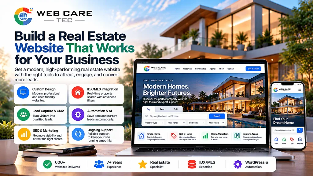 Real estate website system connecting design, IDX, CRM, SEO, and automation